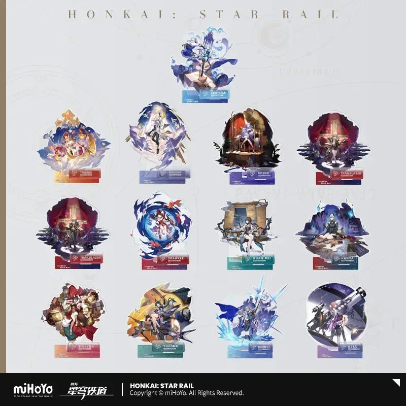 Honkai: Star Rail The Harmony Character Warp Artwork Acrylic Stand Asta ACG Go Anime www.acg-go.com Asta, Bronya, Caelus, Cerydra, Hanya, Robin, Ruan Mei, Sparkle, Stand, Stelle, Tingyun, Trailblazer, Tribbie, Yukong