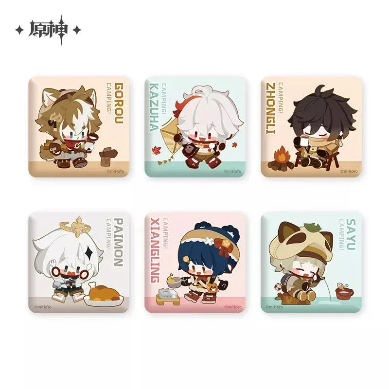 Genshin Impact Go Camping Series Square Badge Gorou ACG Go Anime www.acg-go.com Badge, Gorou, Kaedehara Kazuha, Paimon, Sayu, Theme Artwork, Xiangling, Zhongli