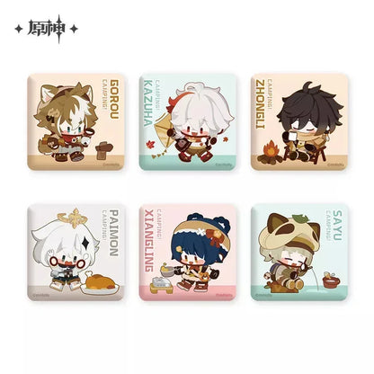 Genshin Impact Go Camping Series Square Badge Gorou ACG Go Anime www.acg-go.com Badge, Gorou, Kaedehara Kazuha, Paimon, Sayu, Theme Artwork, Xiangling, Zhongli