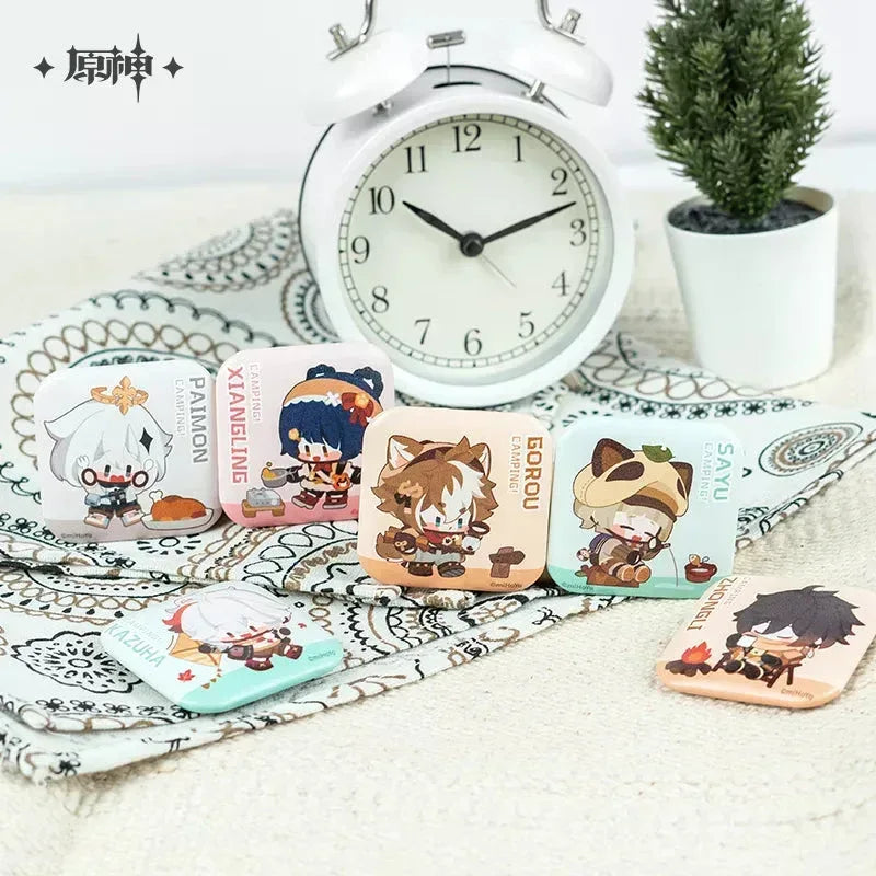 Genshin Impact Go Camping Series Square Badge Gorou ACG Go Anime www.acg-go.com Badge, Gorou, Kaedehara Kazuha, Paimon, Sayu, Theme Artwork, Xiangling, Zhongli