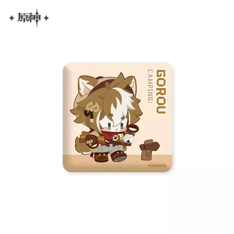 Genshin Impact Go Camping Series Square Badge Gorou ACG Go Anime www.acg-go.com Badge, Gorou, Kaedehara Kazuha, Paimon, Sayu, Theme Artwork, Xiangling, Zhongli