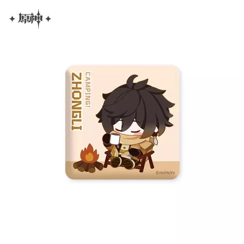 Genshin Impact Go Camping Series Square Badge Zhongli ACG Go Anime www.acg-go.com Badge, Gorou, Kaedehara Kazuha, Paimon, Sayu, Theme Artwork, Xiangling, Zhongli
