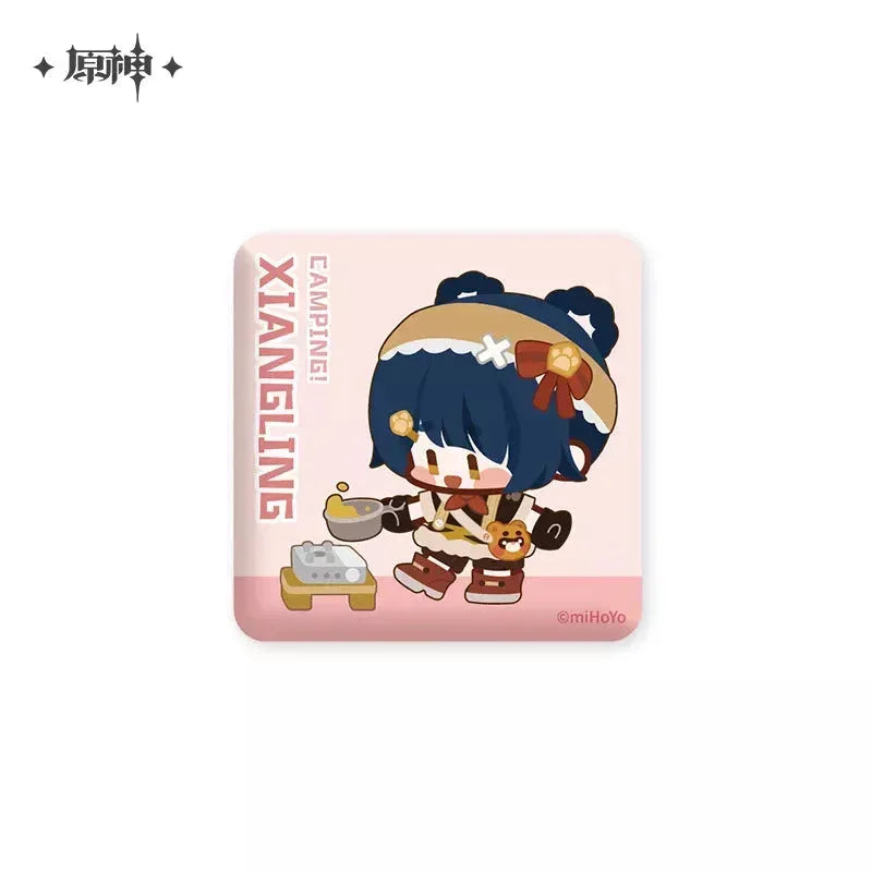 Genshin Impact Go Camping Series Square Badge Xiangling ACG Go Anime www.acg-go.com Badge, Gorou, Kaedehara Kazuha, Paimon, Sayu, Theme Artwork, Xiangling, Zhongli