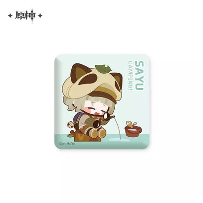 Genshin Impact Go Camping Series Square Badge Sayu ACG Go Anime www.acg-go.com Badge, Gorou, Kaedehara Kazuha, Paimon, Sayu, Theme Artwork, Xiangling, Zhongli