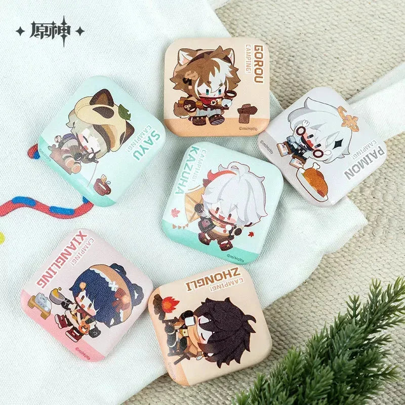 Genshin Impact Go Camping Series Square Badge Gorou ACG Go Anime www.acg-go.com Badge, Gorou, Kaedehara Kazuha, Paimon, Sayu, Theme Artwork, Xiangling, Zhongli