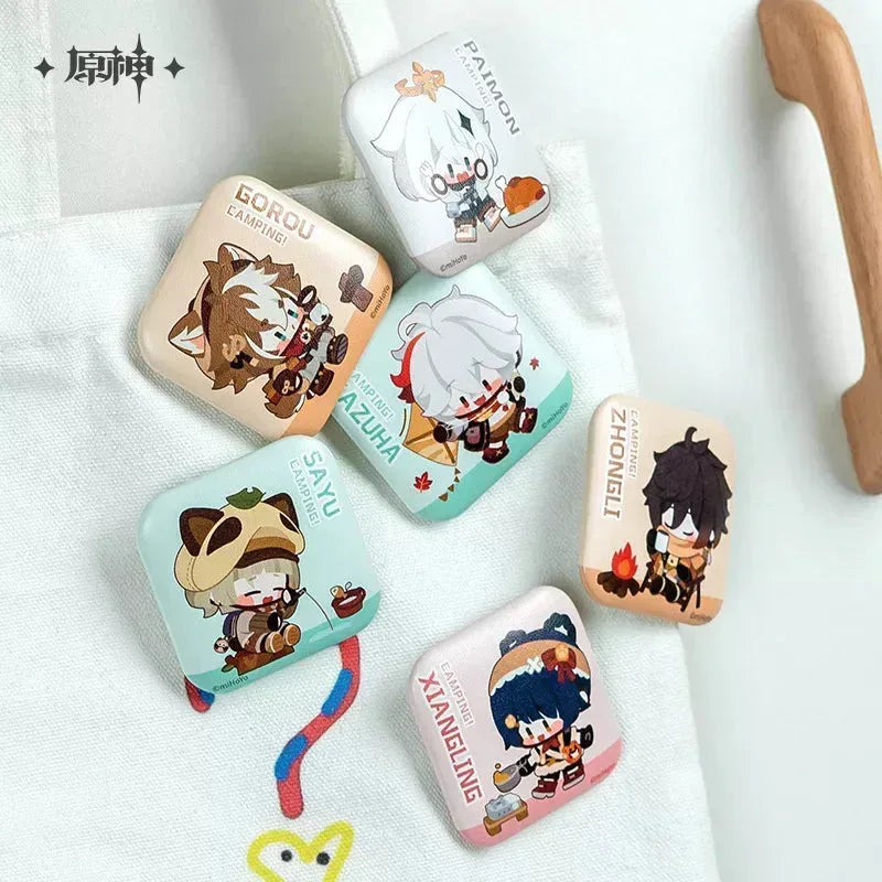 Genshin Impact Go Camping Series Square Badge Gorou ACG Go Anime www.acg-go.com Badge, Gorou, Kaedehara Kazuha, Paimon, Sayu, Theme Artwork, Xiangling, Zhongli