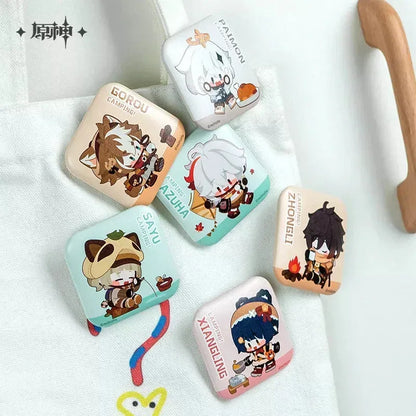 Genshin Impact Go Camping Series Square Badge Gorou ACG Go Anime www.acg-go.com Badge, Gorou, Kaedehara Kazuha, Paimon, Sayu, Theme Artwork, Xiangling, Zhongli