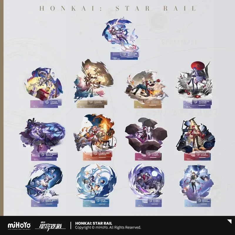 Honkai: Star Rail The Nihility Character Warp Artwork Acrylic Stand Welt ACG Go Anime www.acg-go.com Acheron, Black Swan, Cipher, Guinaifen, Hysilens, Jiaoqiu, Kafka, Luka, Pela, Sampo, Silver Wolf, Stand, Welt