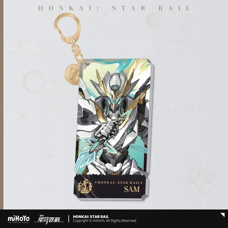 Honkai: Star Rail The Destruction Character Warp Artwork Acrylic Keychain Sam ACG Go Anime www.acg-go.com Arlan, Blade, Caelus, Clara, Dan Heng • Imbibitor Lunae, Firefly, Hook, Jingliu, Misha, Mydei, Pendant & Keychain, Phainon, Sam, Stelle, Trailblazer, Xueyi, Yunli