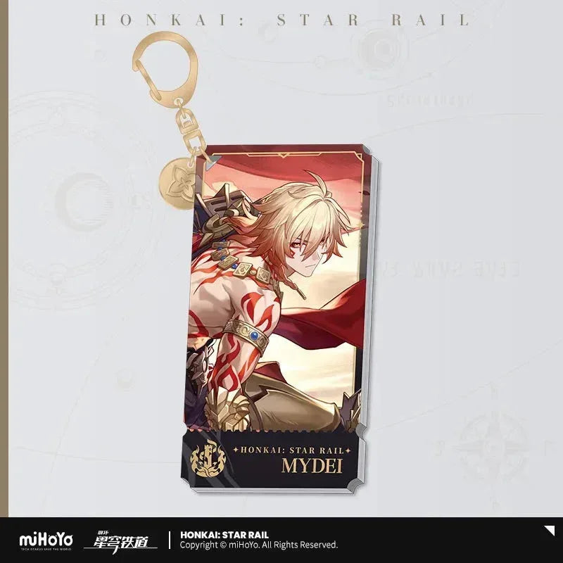 Honkai: Star Rail The Destruction Character Warp Artwork Acrylic Keychain Mydei ACG Go Anime www.acg-go.com Arlan, Blade, Caelus, Clara, Dan Heng • Imbibitor Lunae, Firefly, Hook, Jingliu, Misha, Mydei, Pendant & Keychain, Phainon, Sam, Stelle, Trailblazer, Xueyi, Yunli