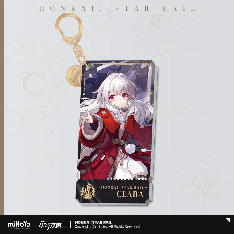 Honkai: Star Rail The Destruction Character Warp Artwork Acrylic Keychain Clara ACG Go Anime www.acg-go.com Arlan, Blade, Caelus, Clara, Dan Heng • Imbibitor Lunae, Firefly, Hook, Jingliu, Misha, Mydei, Pendant & Keychain, Phainon, Sam, Stelle, Trailblazer, Xueyi, Yunli