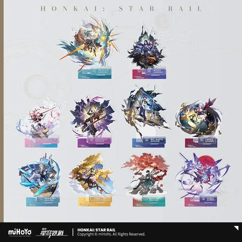 Honkai: Star Rail The Hunt Character Warp Artwork Acrylic Stand Dan Heng ACG Go Anime www.acg-go.com Boothill, Dan Heng, Dr. Ratio, Feixiao, Marius von Hagen, Moze, Seele, Stand, Sushang, Topaz and Numby, Yanqing
