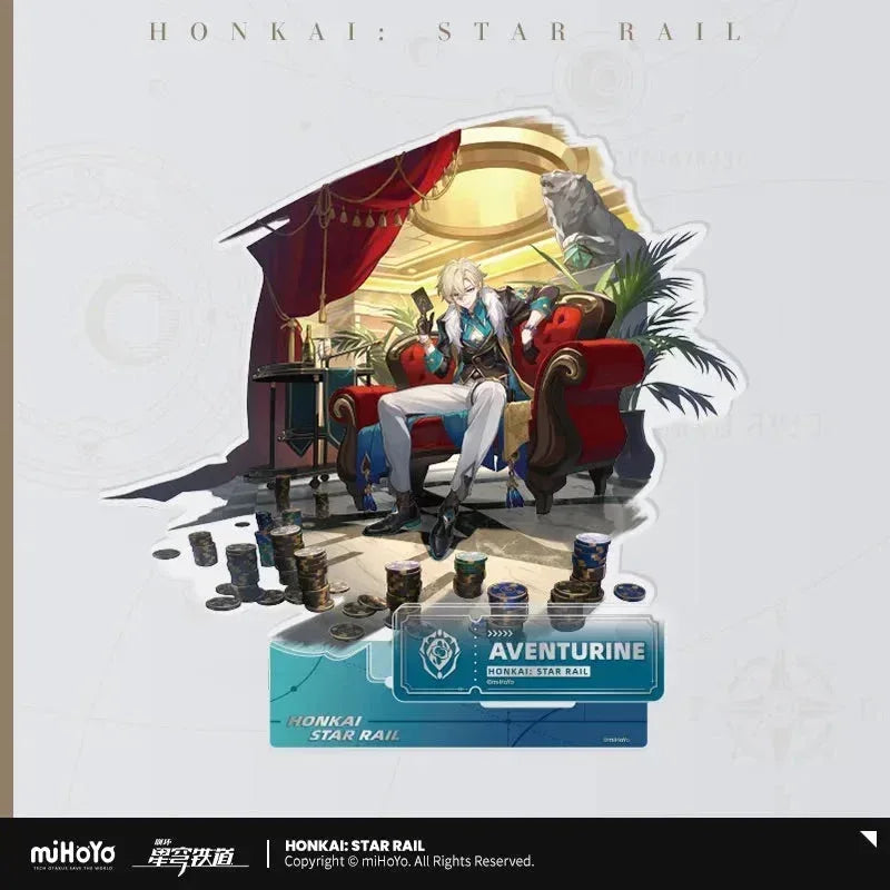 Honkai: Star Rail The Preservation Character Warp Artwork Acrylic Stand Aventurine ACG Go Anime www.acg-go.com Aventurine, Caelus, Dan Heng • Permansor Terrae, Fu Xuan, Gepard, March 7th, Stand, Stelle, Trailblazer